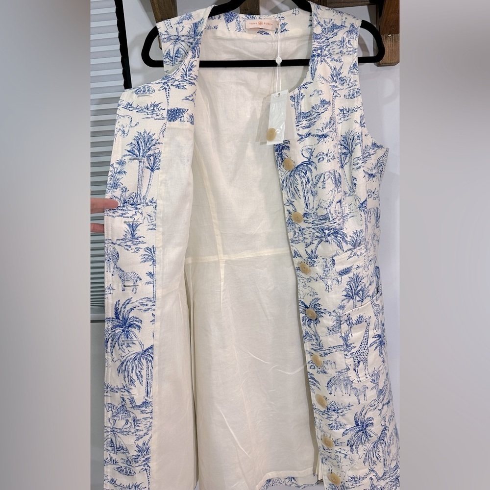 NWT Tory Burch Safari Printed Linen Shift Dress Ivory & Blue 10 - Picture 11 of 16